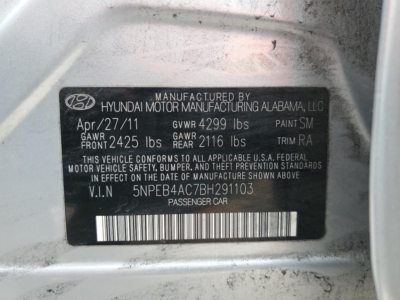 5NPEB4AC7BH291103 2011 Hyundai Sonata Gls