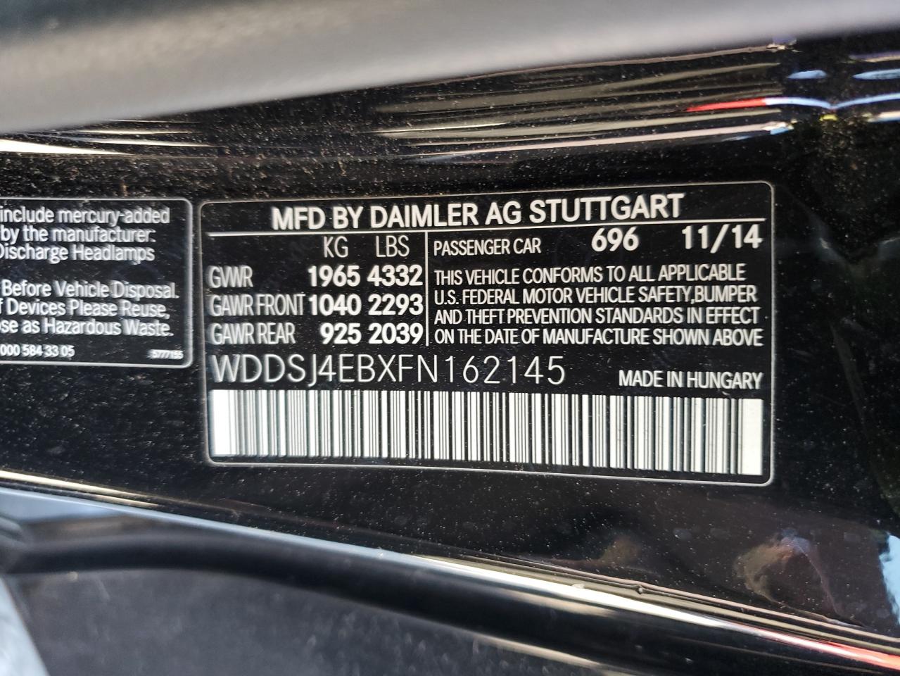 WDDSJ4EBXFN162145 2015 Mercedes-Benz Cla 250