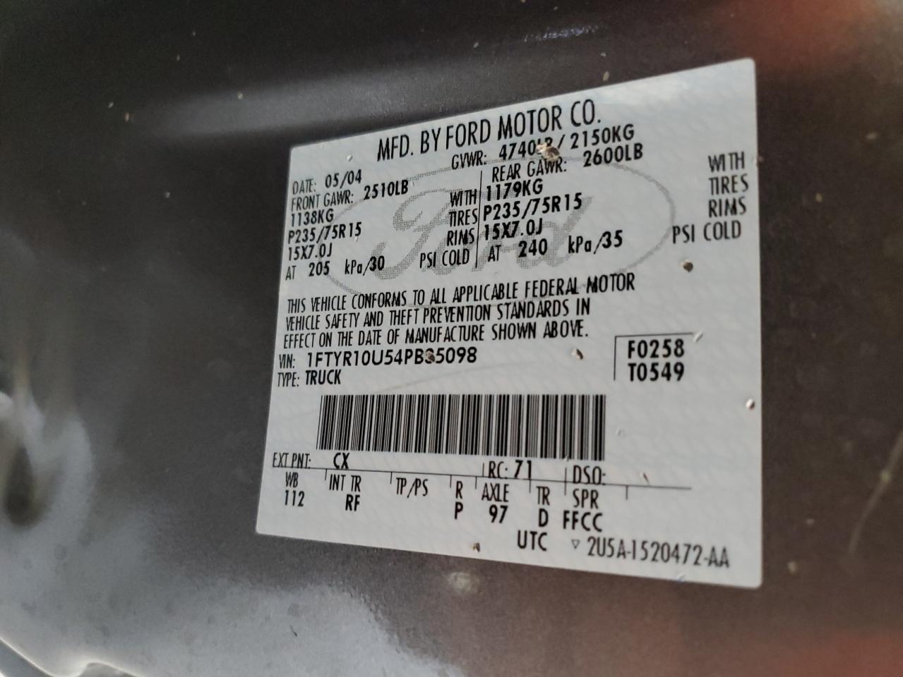 1FTYR10U54PB35098 2004 Ford Ranger