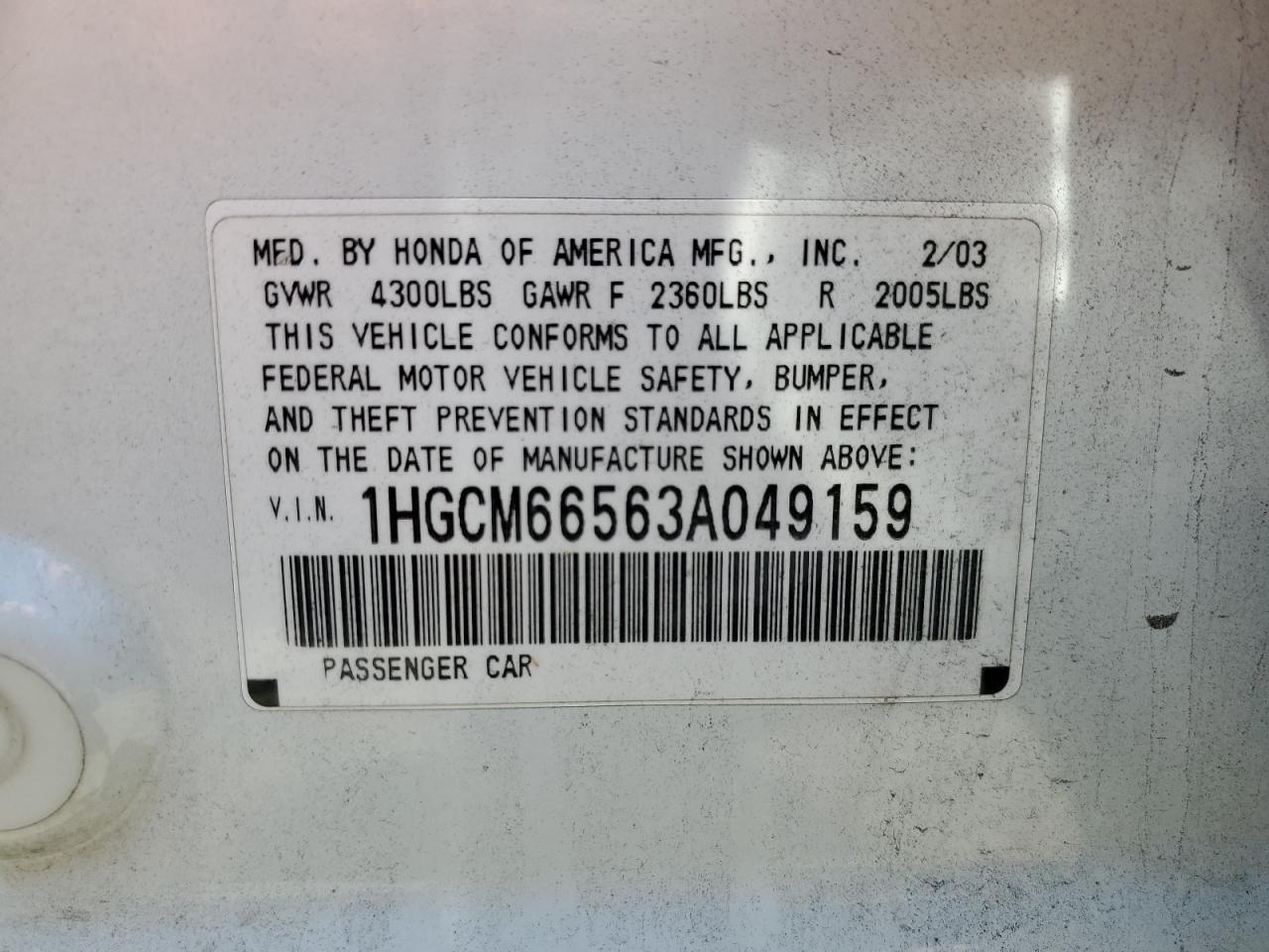 1HGCM66563A049159 2003 Honda Accord Ex