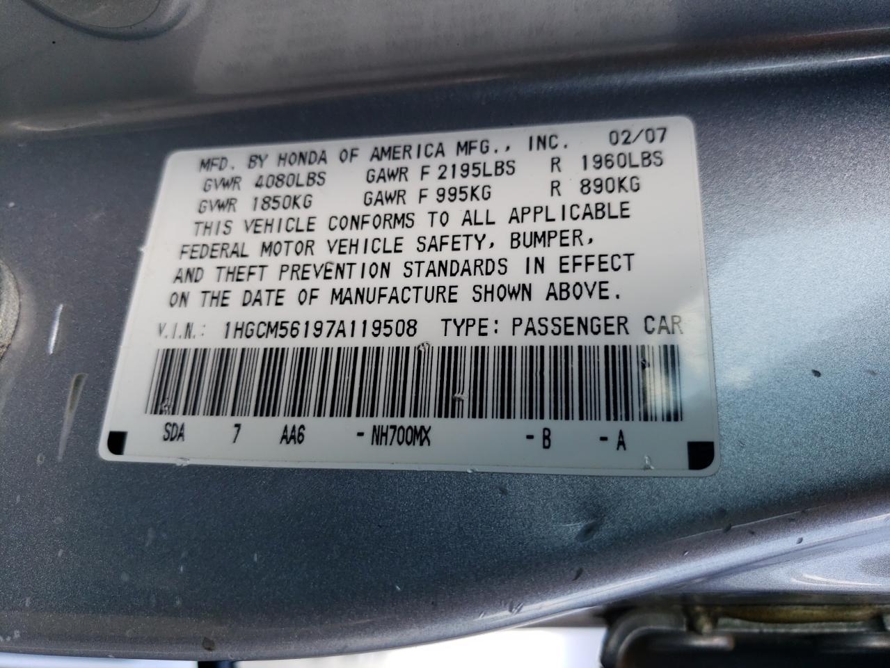 1HGCM56197A119508 2007 Honda Accord Value