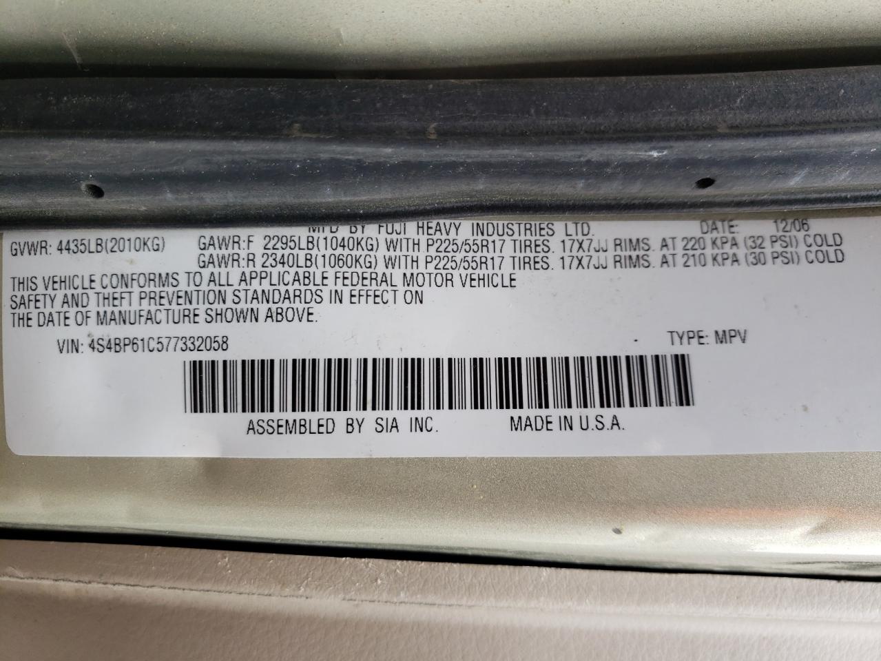 4S4BP61C577332058 2007 Subaru Outback Outback 2.5I