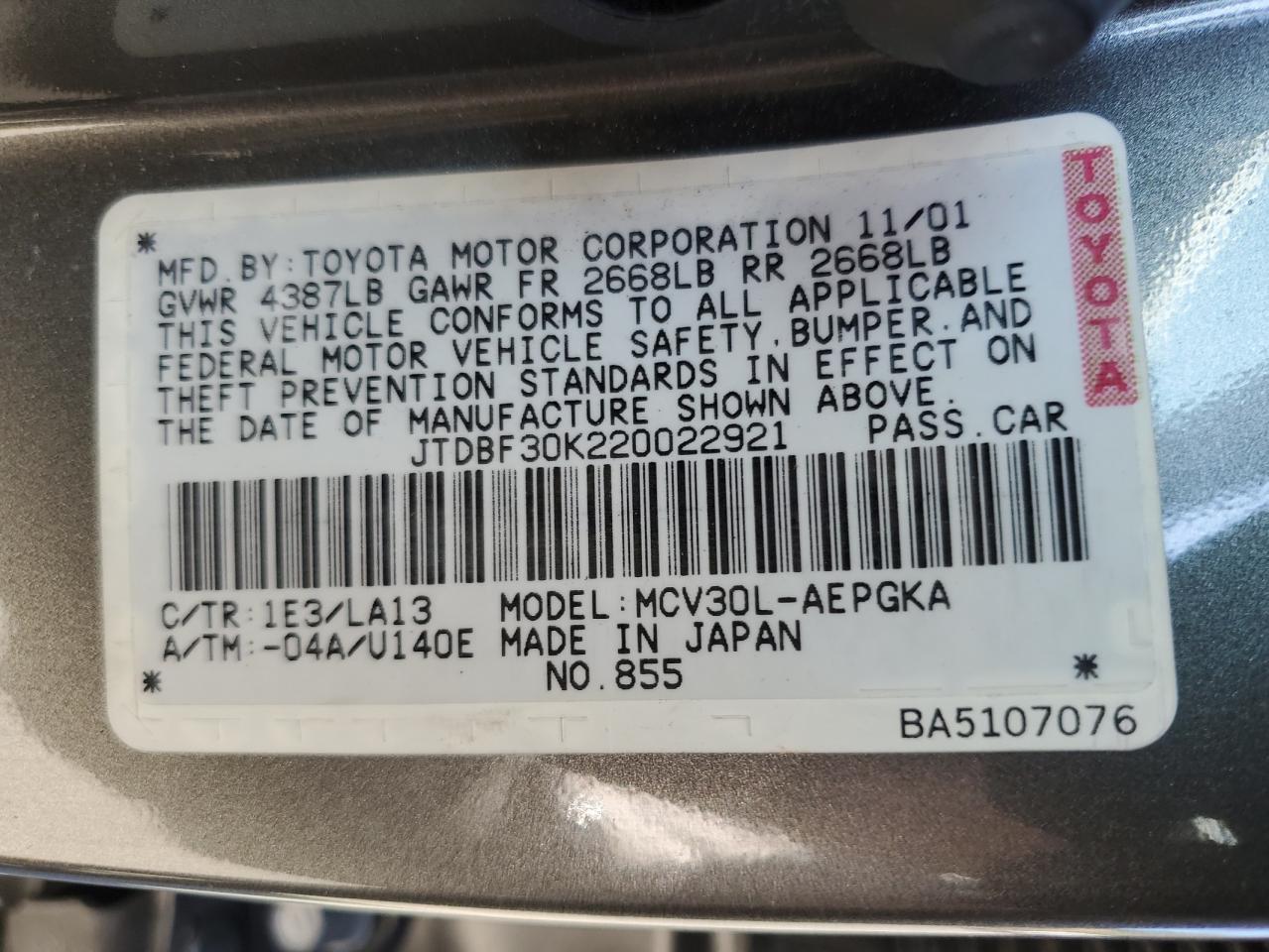 JTDBF30K220022921 2002 Toyota Camry Le