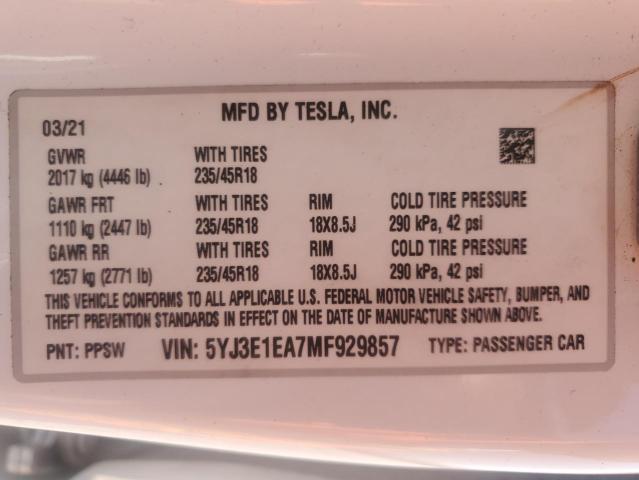 2021 Tesla Model 3 VIN: 5YJ3E1EA7MF929857 Lot: 57302884