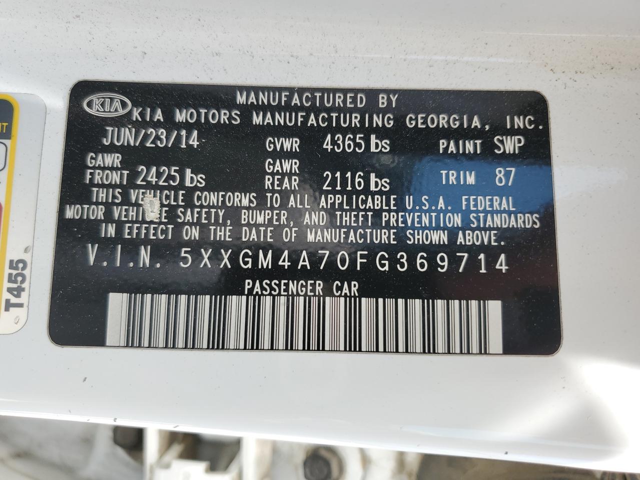 5XXGM4A70FG369714 2015 Kia Optima Lx