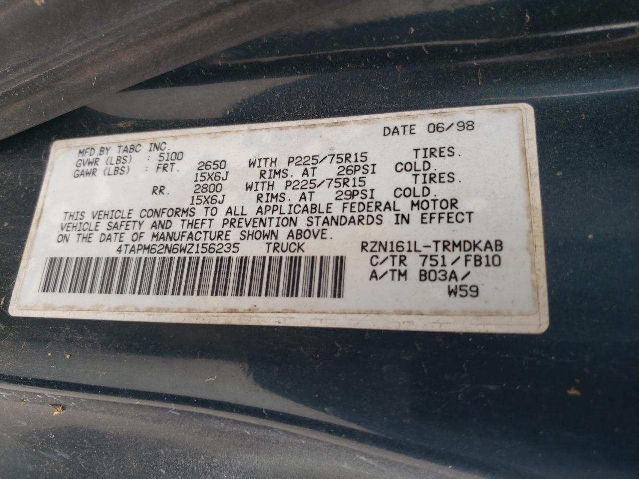 4TAPM62N6WZ156235 1998 Toyota Tacoma