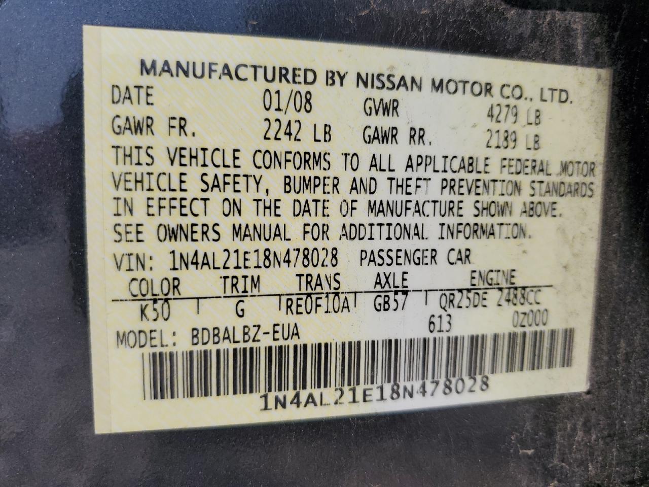 1N4AL21E18N478028 2008 Nissan Altima 2.5