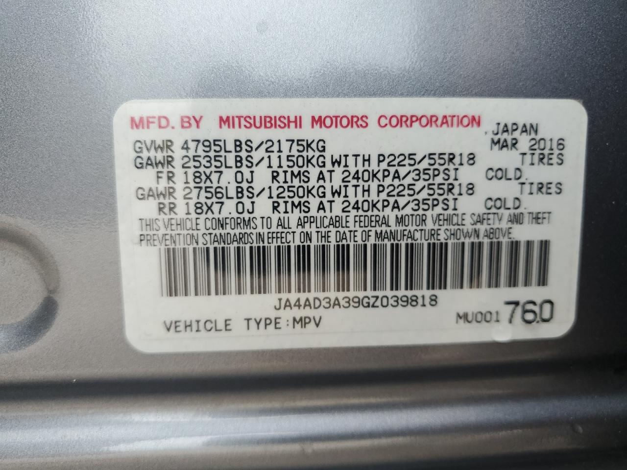 JA4AD3A39GZ039818 2016 Mitsubishi Outlander Se