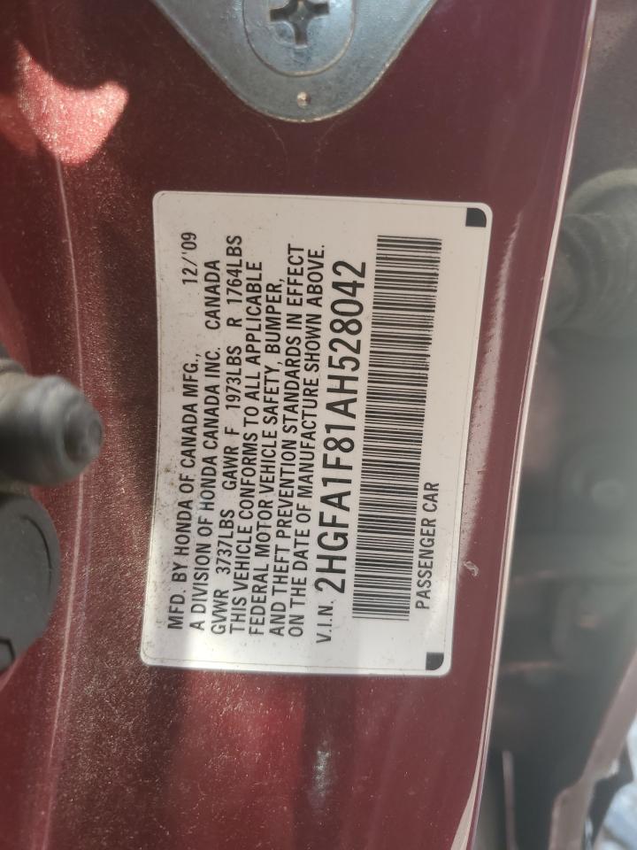 2HGFA1F81AH528042 2010 Honda Civic Ex