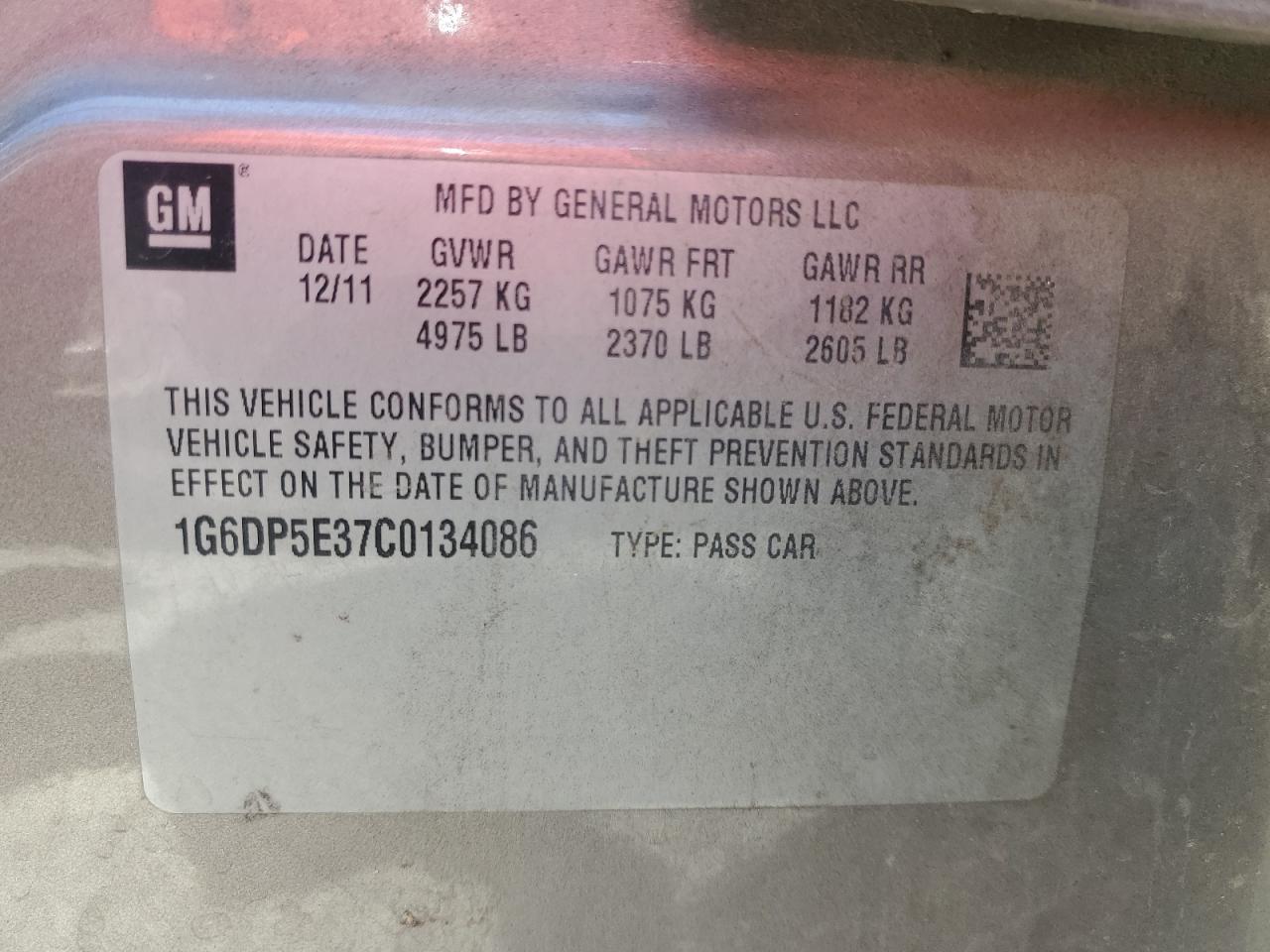 1G6DP5E37C0134086 2012 Cadillac Cts Premium Collection