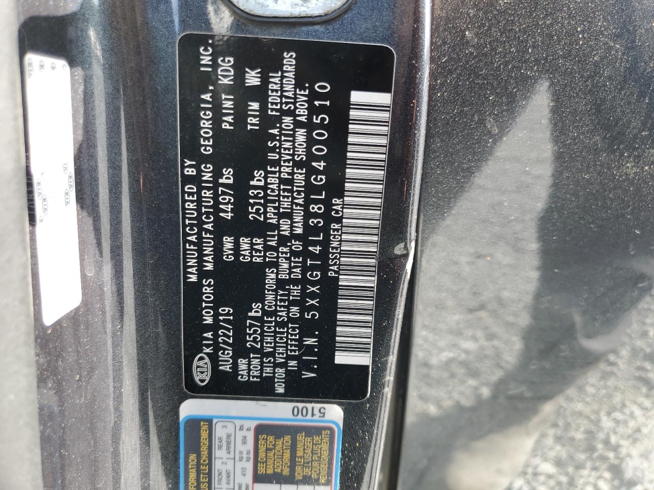 5XXGT4L38LG400510 2020 Kia Optima Lx