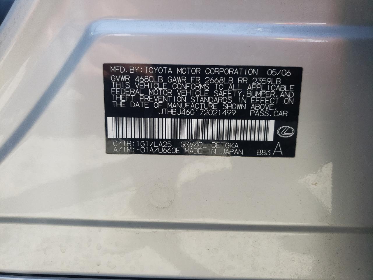 JTHBJ46G172021499 2007 Lexus Es 350