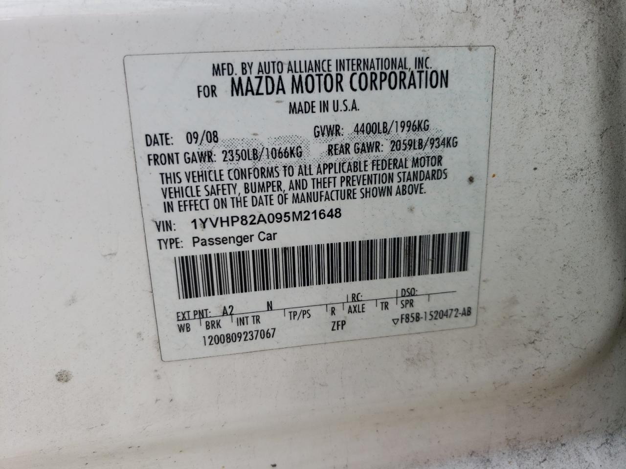 1YVHP82A095M21648 2009 Mazda 6 I
