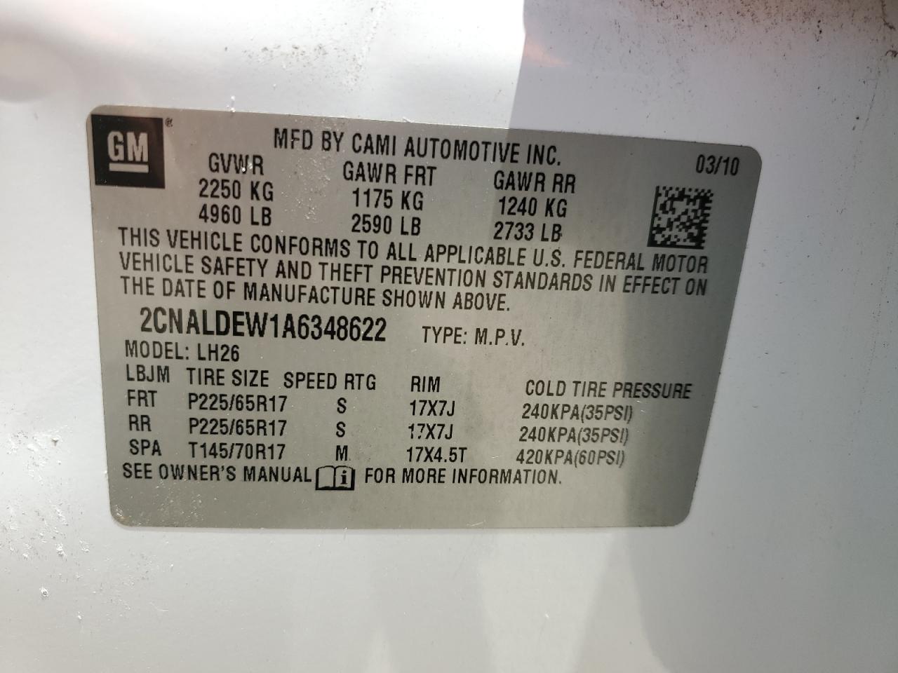 2CNALDEW1A6348622 2010 Chevrolet Equinox Lt