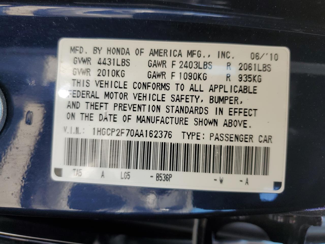 1HGCP2F70AA162376 2010 Honda Accord Ex