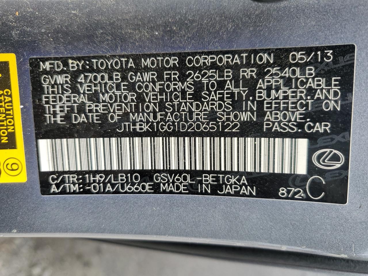 JTHBK1GG1D2065122 2013 Lexus Es 350