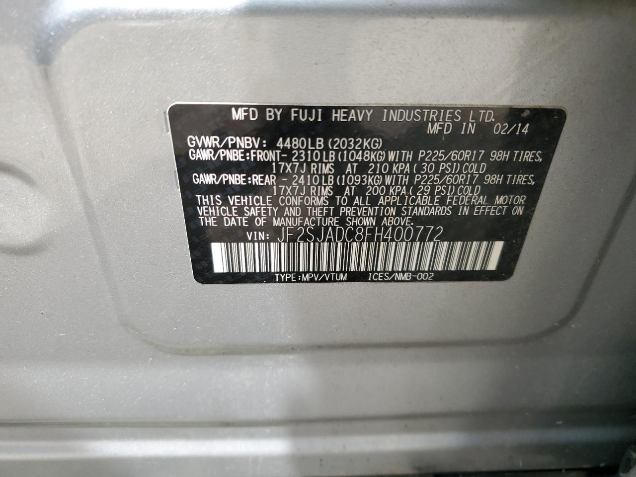 JF2SJADC8FH400772 2015 Subaru Forester 2.5I Premium