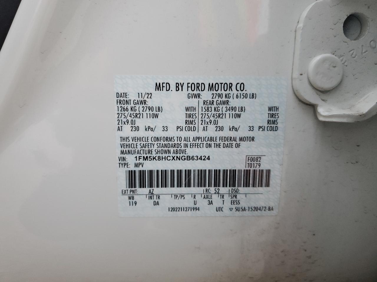 1FM5K8HCXNGB63424 2022 Ford Explorer Platinum