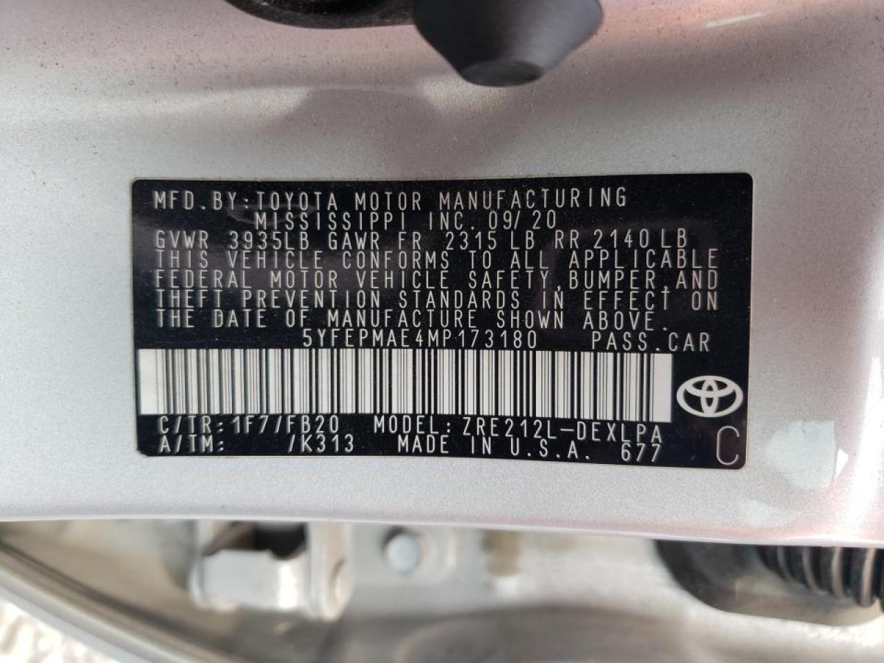 5YFEPMAE4MP173180 2021 Toyota Corolla Le