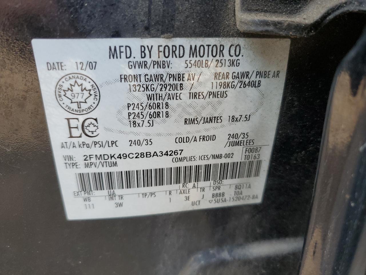 2FMDK49C28BA34267 2008 Ford Edge Limited