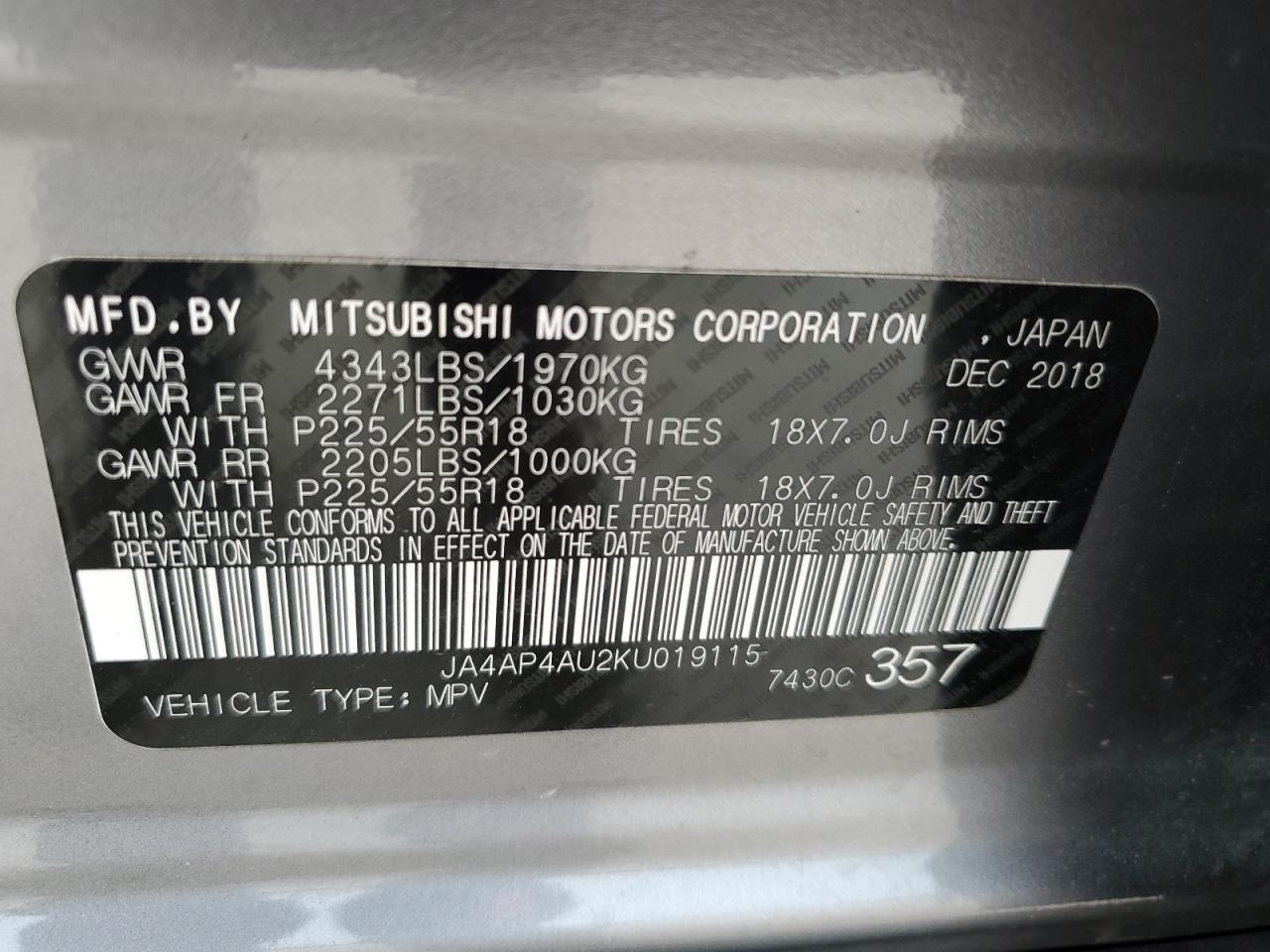 JA4AP4AU2KU019115 2019 Mitsubishi Outlander Sport Se