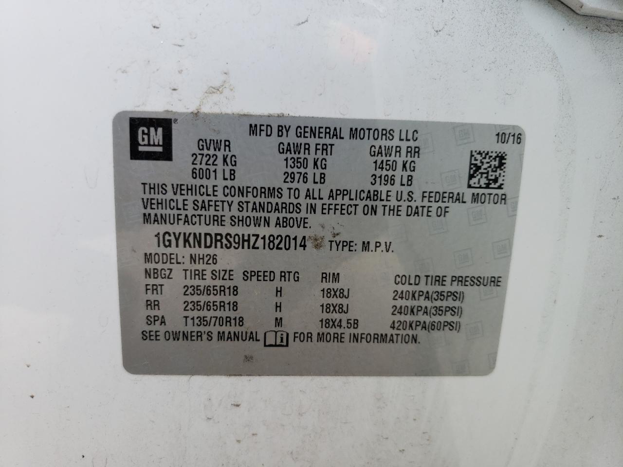 1GYKNDRS9HZ182014 2017 Cadillac Xt5 Luxury