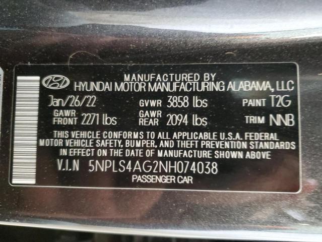 2022 Hyundai Elantra Sel VIN: 5NPLS4AG2NH074038 Lot: 56367864