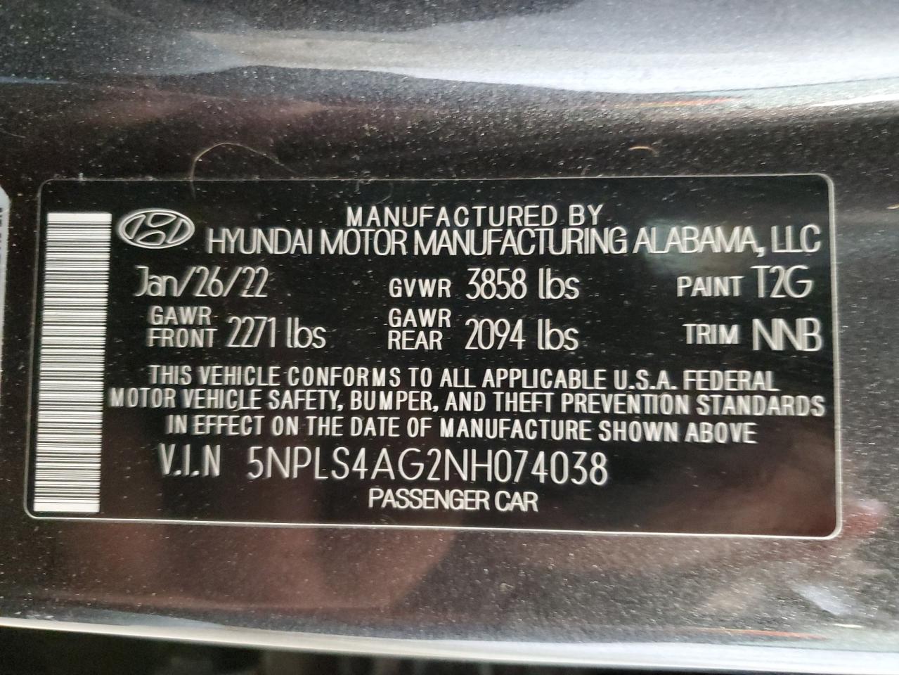 5NPLS4AG2NH074038 2022 Hyundai Elantra Sel