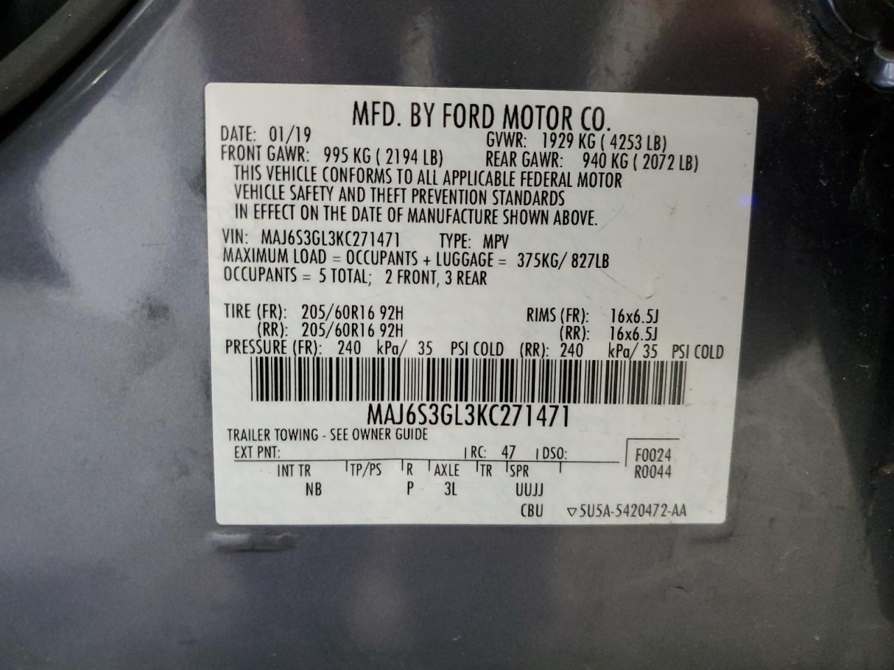 MAJ6S3GL3KC271471 2019 Ford Ecosport Se