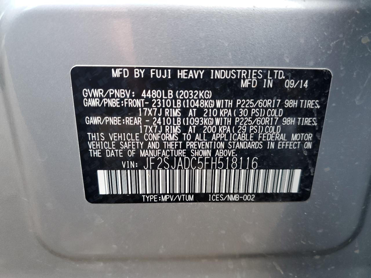 JF2SJADC5FH518116 2015 Subaru Forester 2.5I Premium