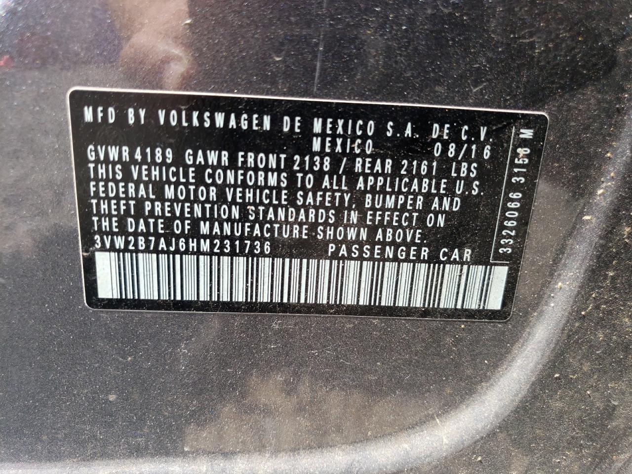 3VW2B7AJ6HM231736 2017 Volkswagen Jetta S