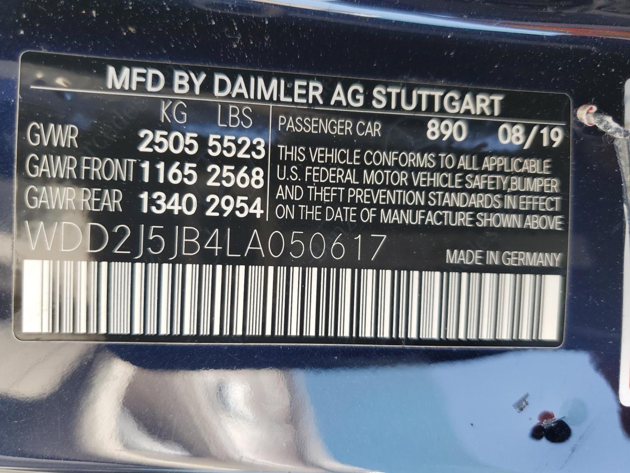 WDD2J5JB4LA050617 2020 Mercedes-Benz Cls 450