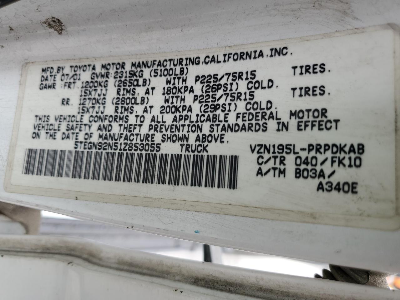 5TEGN92N51Z853055 2001 Toyota Tacoma Double Cab Prerunner