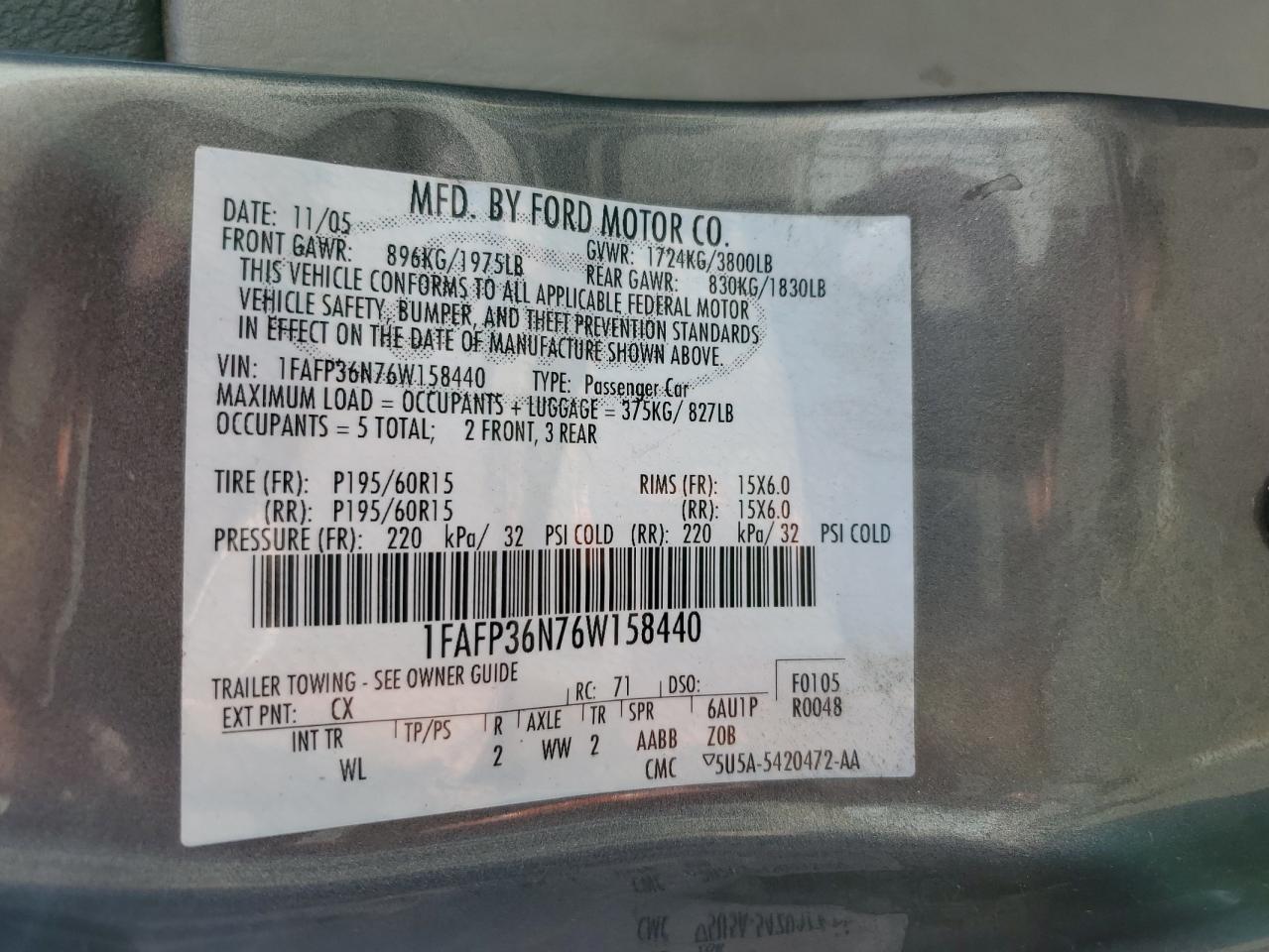 1FAFP36N76W158440 2006 Ford Focus Zxw