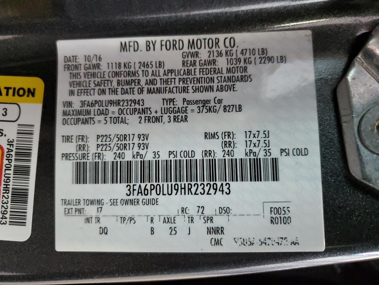 3FA6P0LU9HR232943 FORD FUSION 2017
