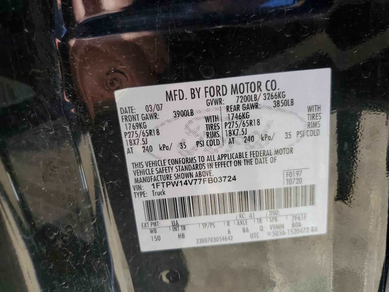 1FTPW14V77FB03724 2007 Ford F150 Supercrew