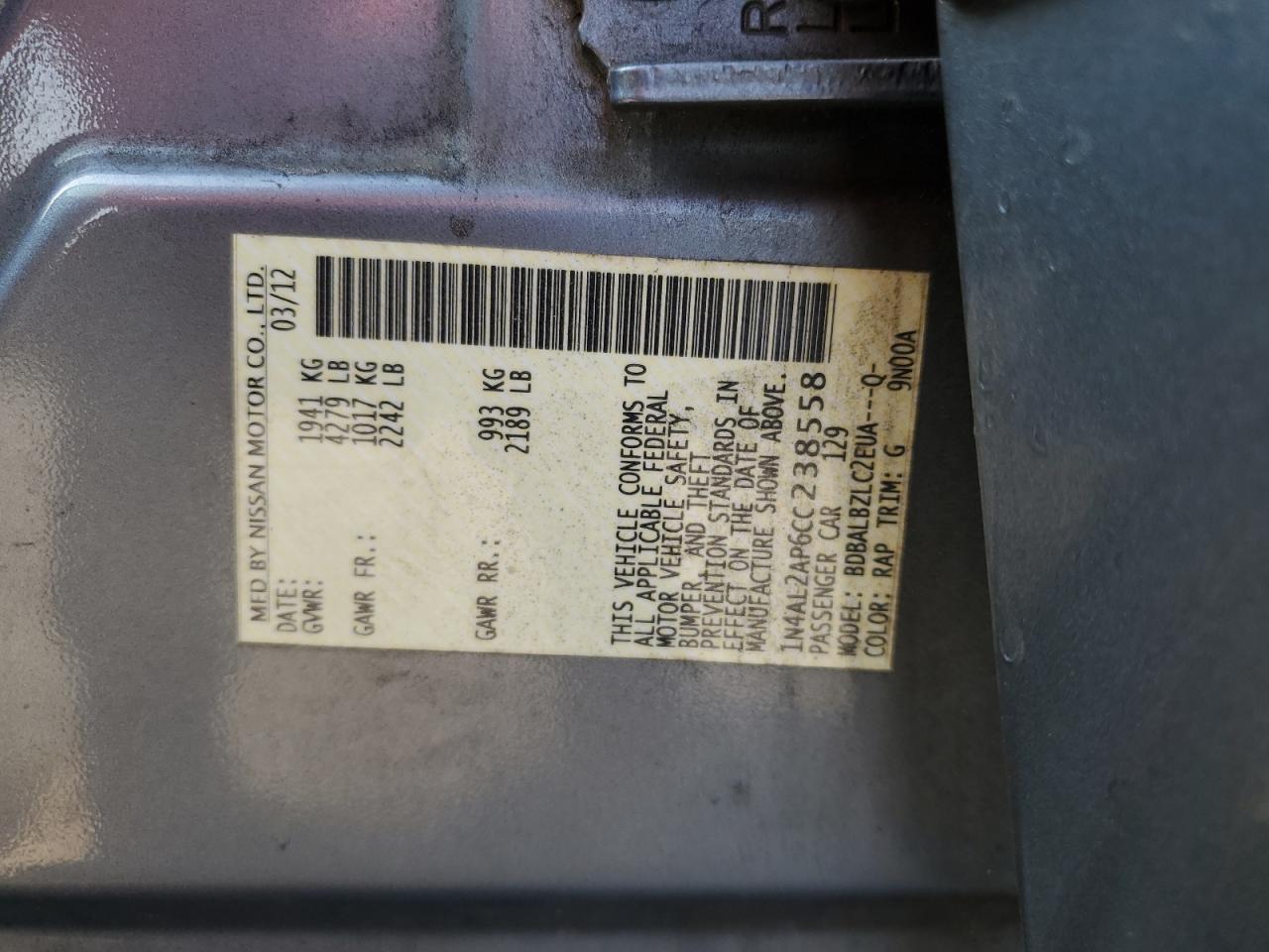 1N4AL2AP6CC238558 2012 Nissan Altima Base