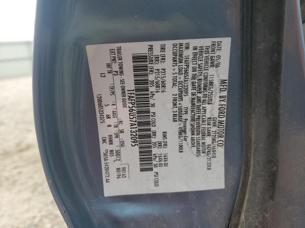 1FAFP56U57A132095 2007 Ford Taurus Sel