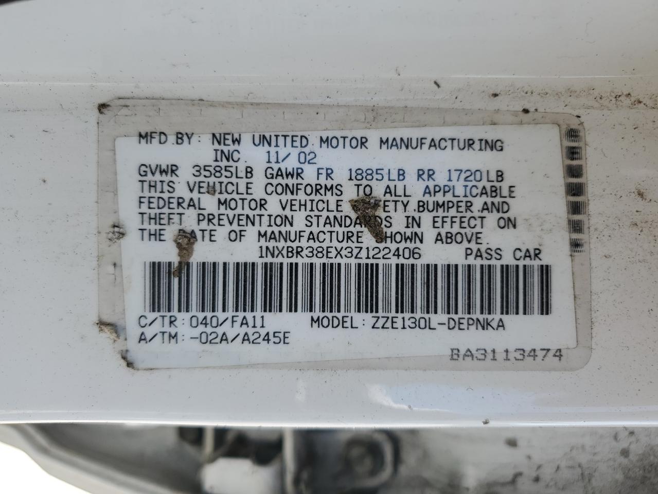 1NXBR38EX3Z122406 2003 Toyota Corolla Ce