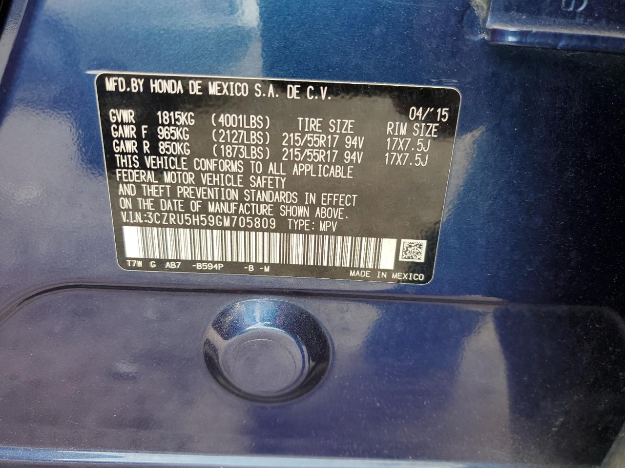 3CZRU5H59GM705809 2016 Honda Hr-V Ex