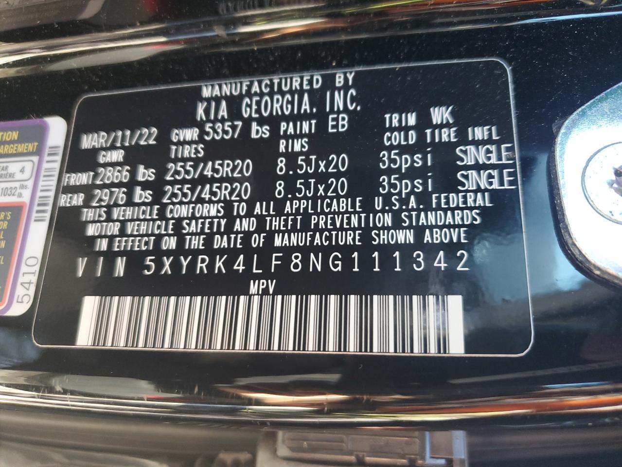 5XYRK4LF8NG111342 2022 Kia Sorento Sx