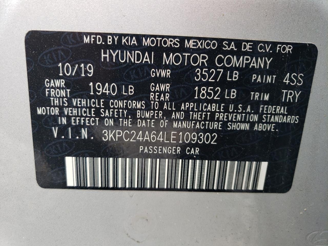 3KPC24A64LE109302 2020 Hyundai Accent Se