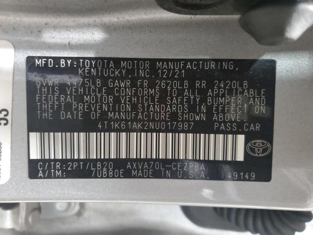 VIN 4T1K61AK2NU017987 2022 Toyota Camry, Xse no.12