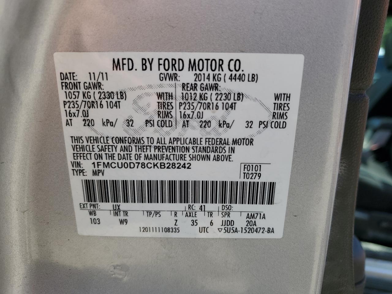 1FMCU0D78CKB28242 2012 Ford Escape Xlt