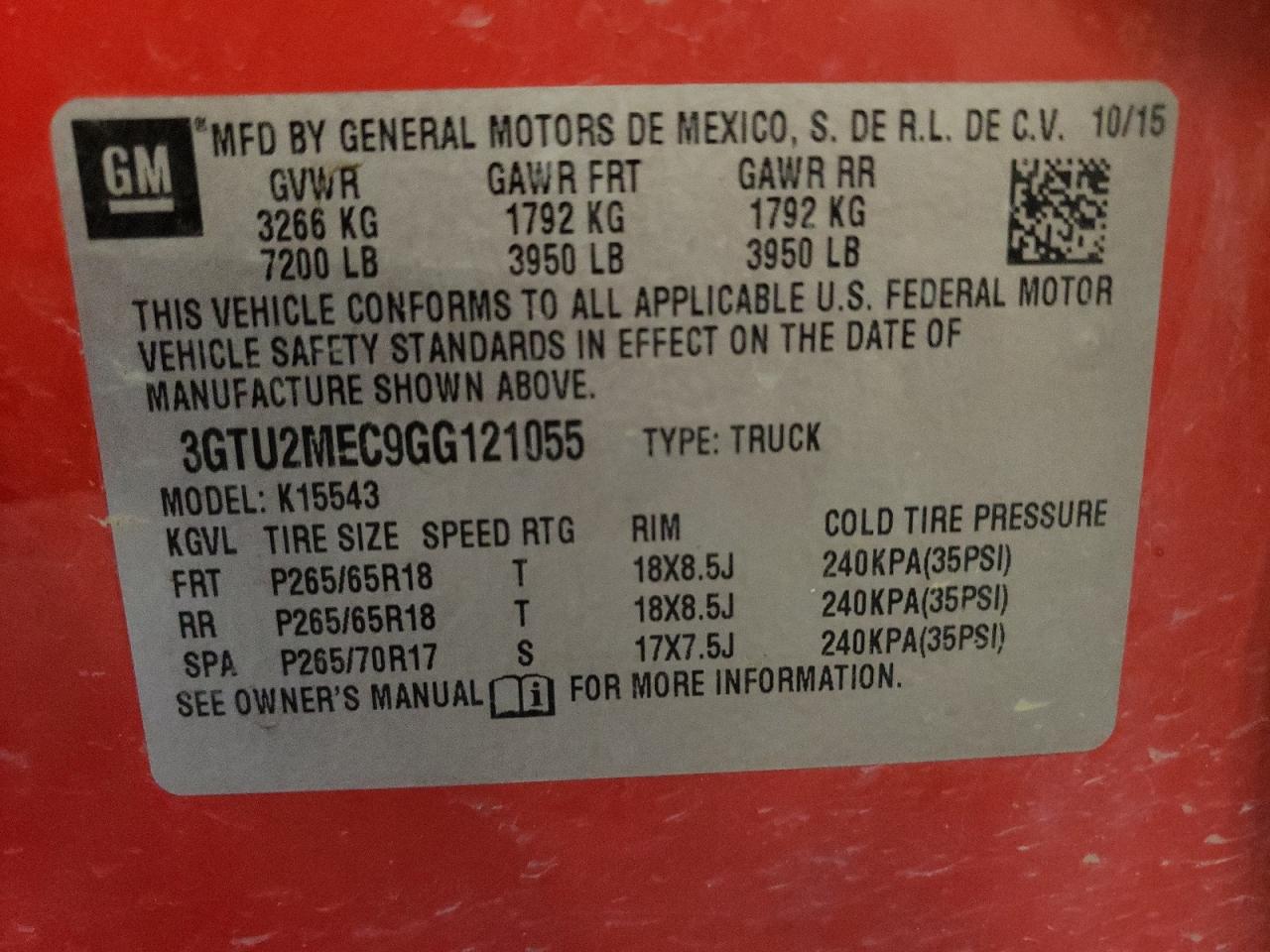 3GTU2MEC9GG121055 2016 GMC Sierra K1500 Sle