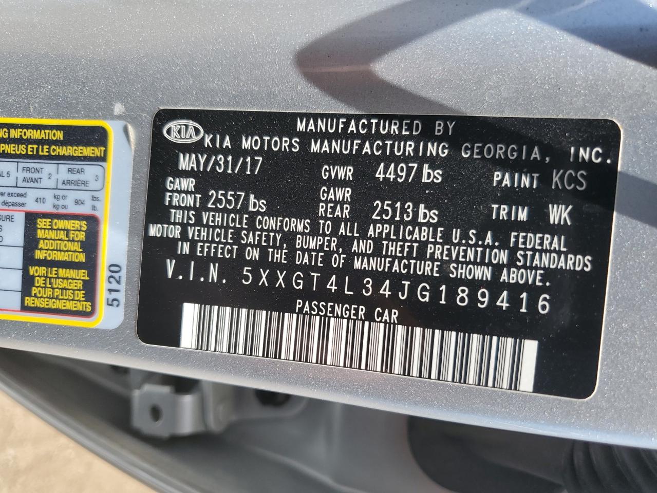 5XXGT4L34JG189416 2018 Kia Optima Lx