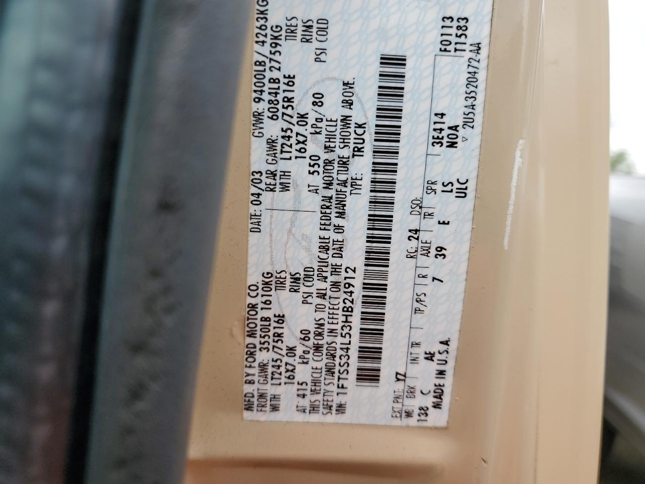 1FTSS34L53HB24912 2003 Ford Econoline E350 Super Duty Van