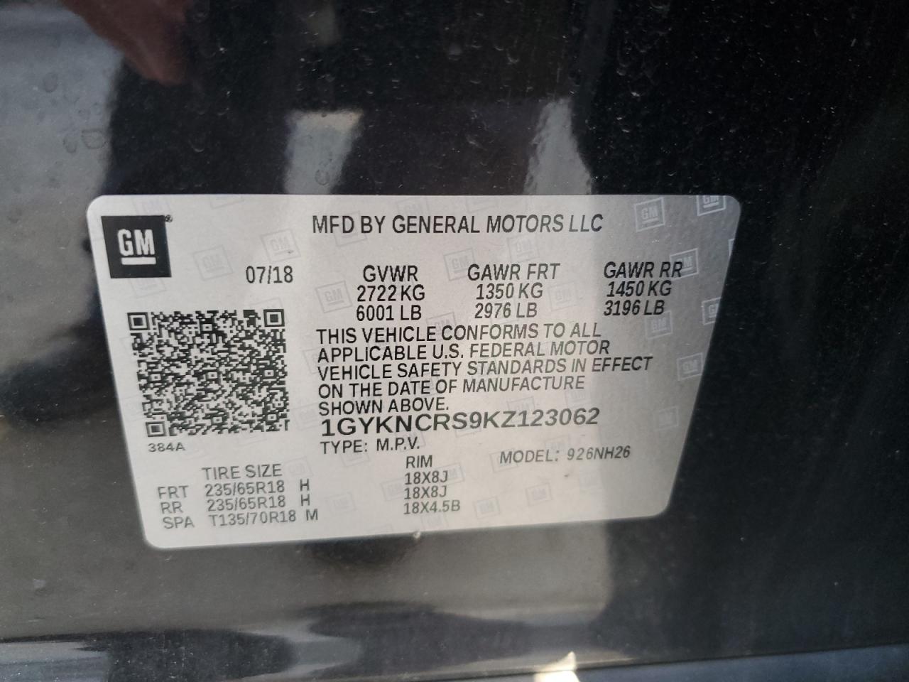 1GYKNCRS9KZ123062 2019 Cadillac Xt5 Luxury