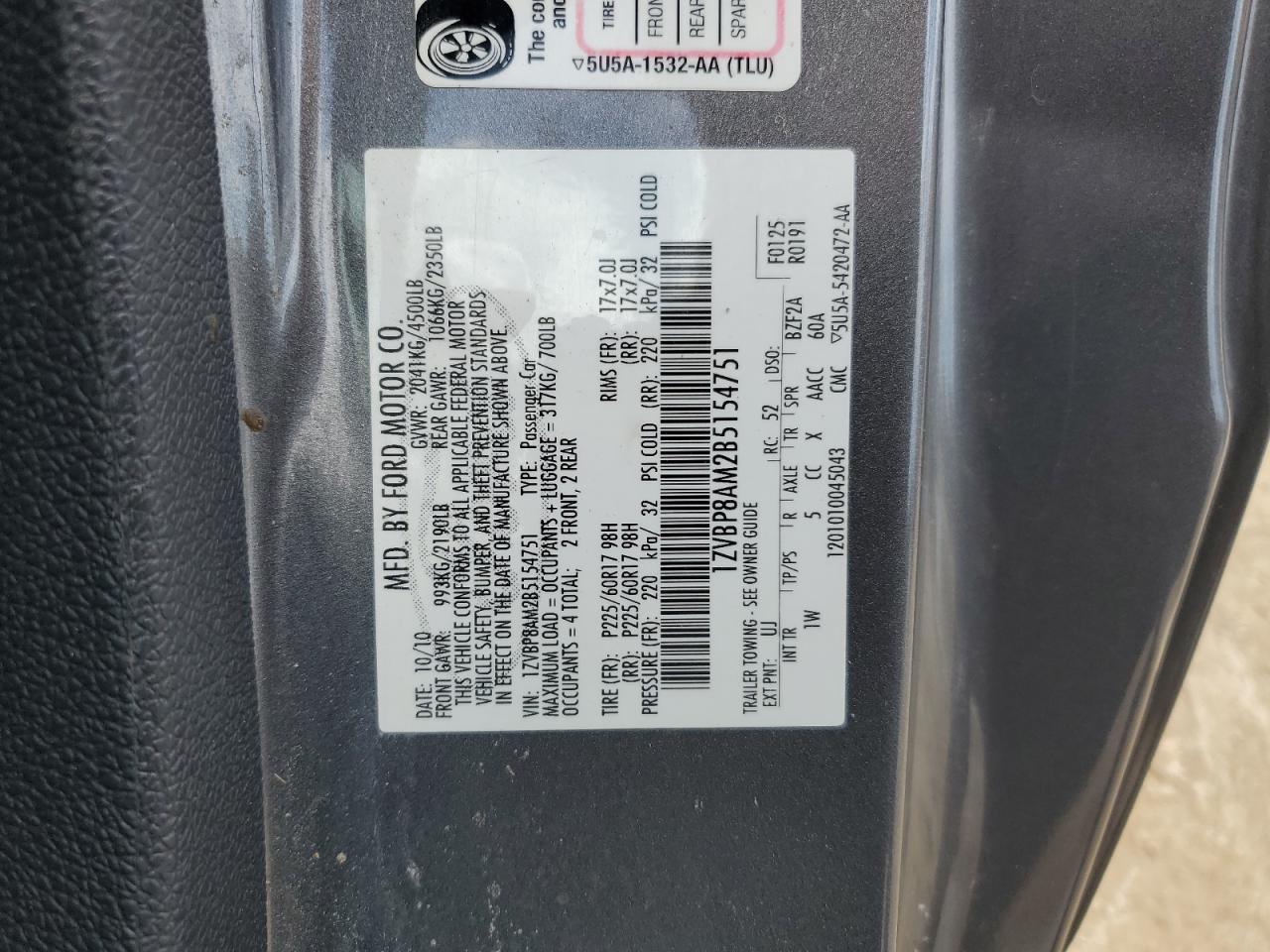 1ZVBP8AM2B5154751 2011 Ford Mustang