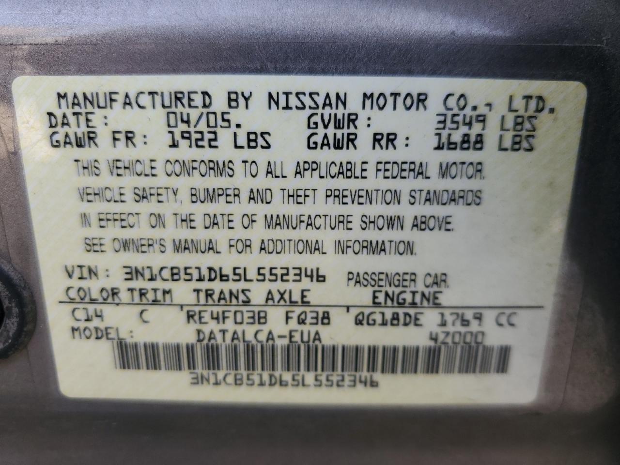 3N1CB51D65L552346 2005 Nissan Sentra 1.8